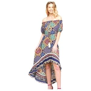 New Umgee Navy/Mix Scarf Print Off Shoulder Dress Size Small